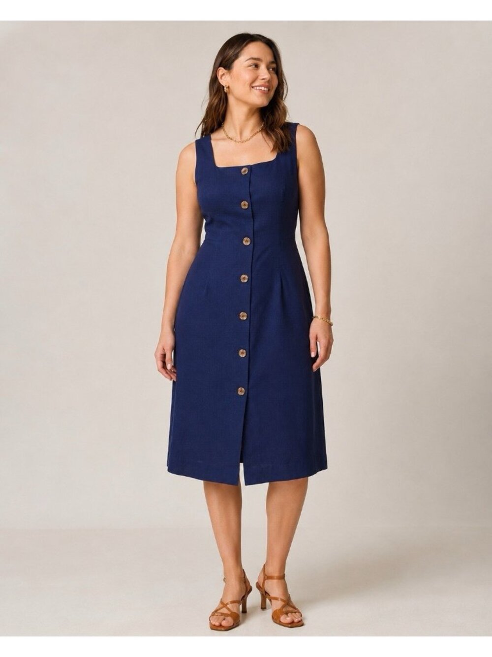 J Crew Womens Linen Cotton Button Front Dress Sz 12P 12 Petite Antique Navy Blue